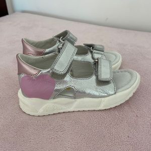 Brand new baby girl Falcotto sandals silver with pink heart! Has velcro straps